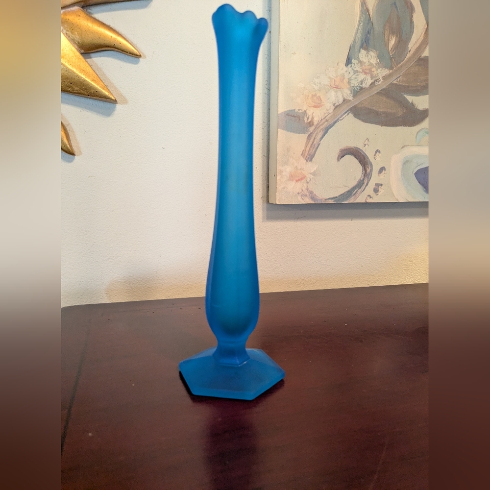 MCM Frosted Westmoreland Glass Blue Satin Swung Bud Vase Hexagon Base Gift
